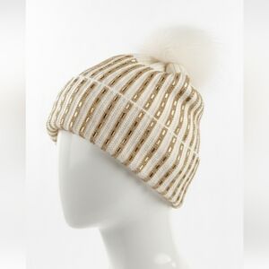 Maniere Elegant Cream and Gold Beanie with Pom Pom